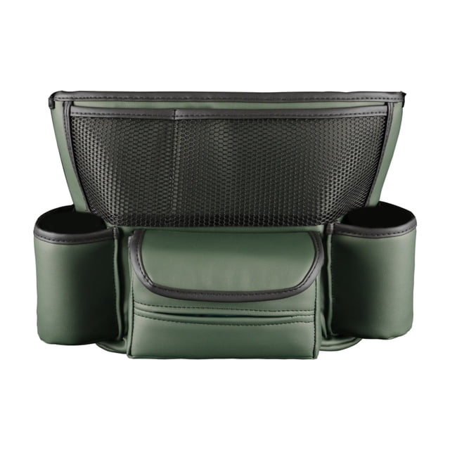 Army Green Leather Car Console Organizer - Multifunctional Armrest Box Storage Bag with Partition Design, Vehicle Interior Accessories for Storage, Size 14.2 x 10.2 x 7.1 inches, 12.7oz