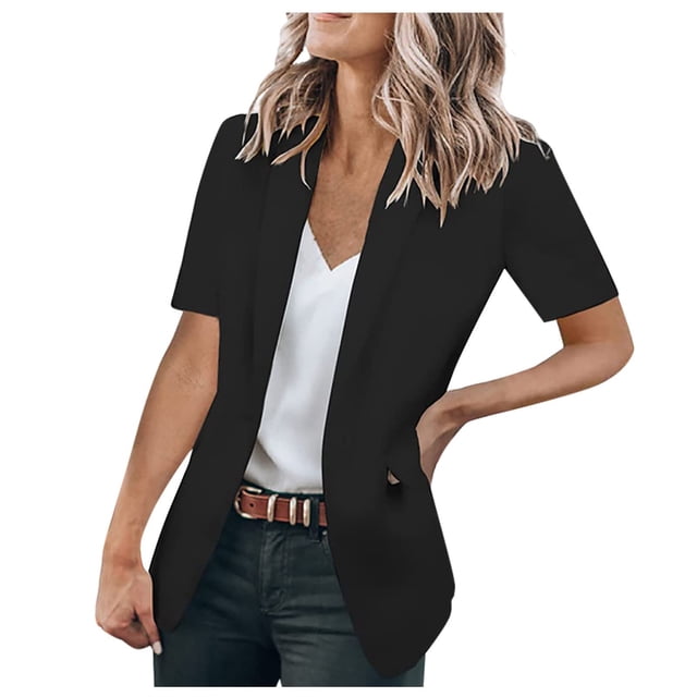 TIMIFIS Black Blazer Cardigan for Women Short Sleeve Open Front Cardigan Solid Color Jacket Work Office Blazer Outfall Business Clothes