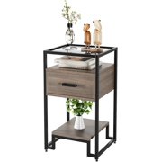 Ourlova Nightstand End Table with Storage Drawer and 3-Tier Storage and Tempered Glass Top Bedside Furniture with Steel Frame Side Table for Bedroom Dorm Easy Assembly - Brown