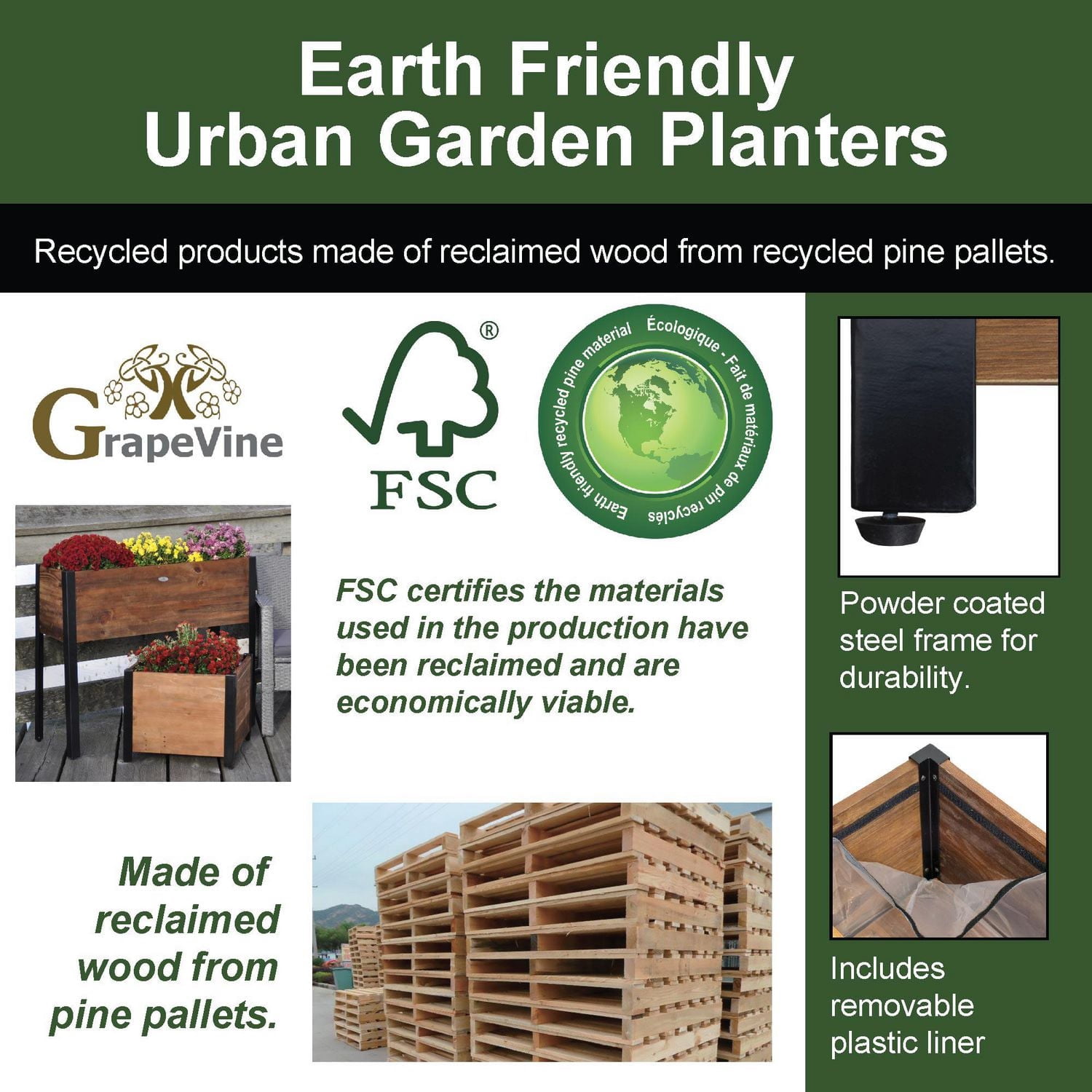 Grapevine Urban Garden Raised Planter, FSC Recycled Wood, Rectangular, 37IN x 24IN , Natural Brown