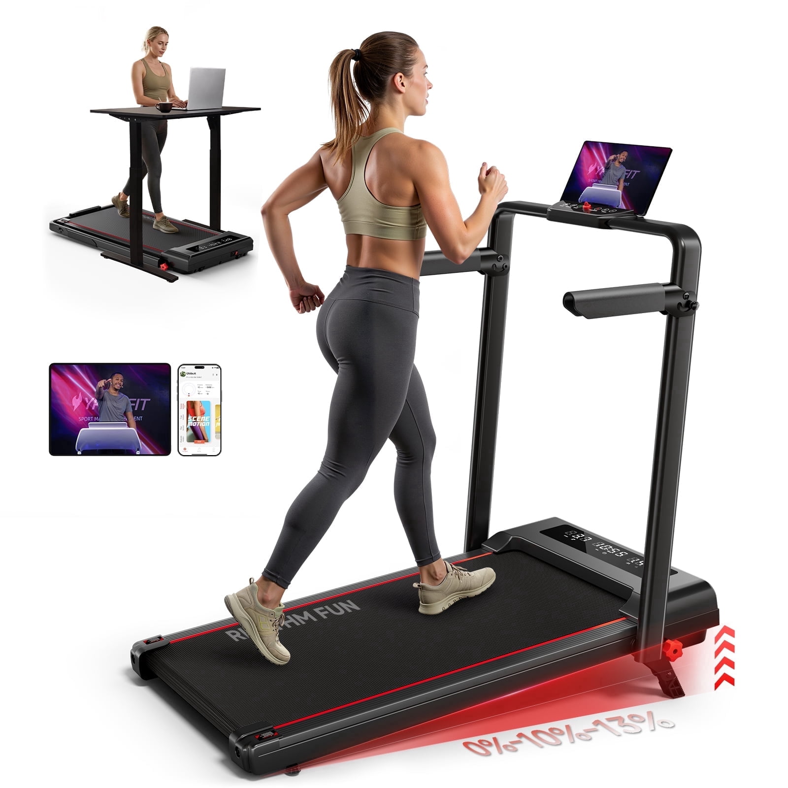 RHYTHM FUN Walking Pad with Incline, Foldable Walking Pad Treadmill with Handle, No Assembly Required & 300 lbs Capacity for Home & Office