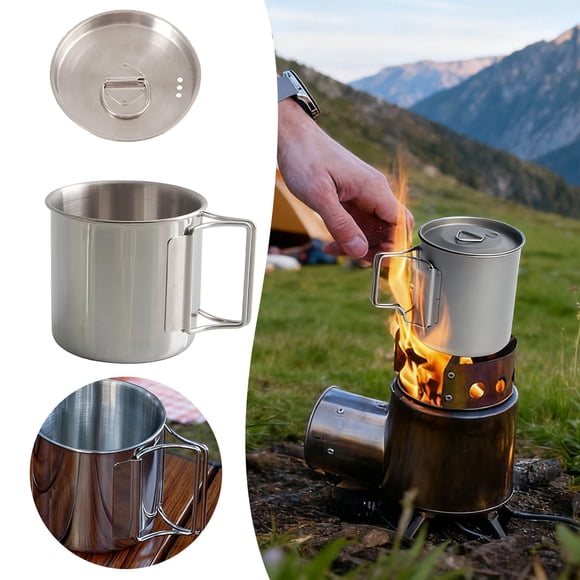 Stainless Steel Camping Mug for Outdoors with Lid and Foldable Handle Food Grade Steel Cup for Hiking Picnic and Trekking