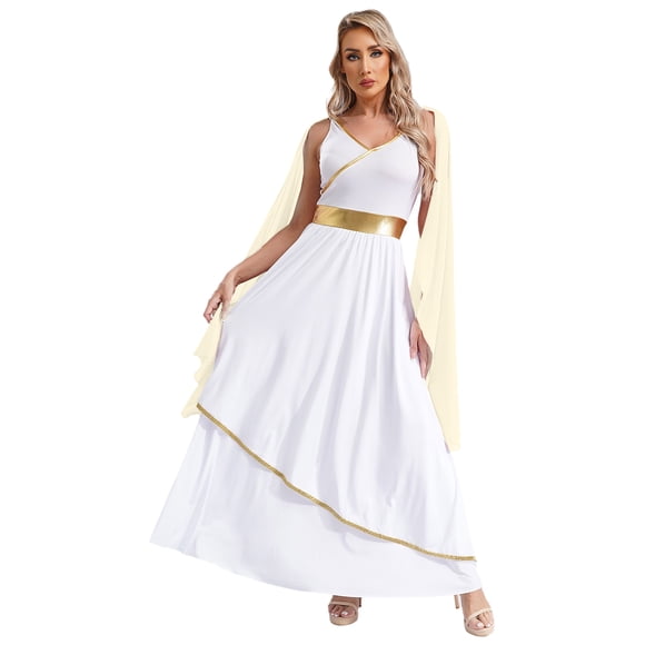 Sholeno Womens Ancient Greek Toga Costume One Shoulder Chiffon Overlay Praise Dance Maxi Tunic Dress Champagne XL