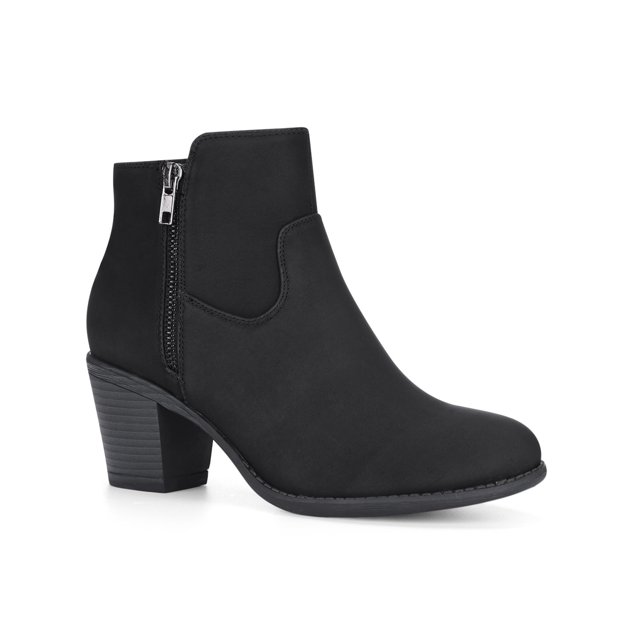 Unique Bargains Bottines à Talon Bloc Empilé à Bout Rond pour Femme avec Fermeture Éclair, Couleur Noire Unie. Ces Bottes Offrent une Empeigne en PU Lisse, un Bout Arrondi pour le Confort et une Fermeture Éclair Latérale Pratique pour un Enfilage Facile. le Talon Bloc Empilé, Fabriqué en TPR, Offre une Stabilité et une Hauteur Subtile, Tandis Que l'Extérieure Texturée Assure une traction Fiable. Convenant aux Tenues Décontractées et Soignées, Ces Bottines s'Agencent Bien avec des jeans Moulants, des Jupes midi Ou des Pantalons sur Mesure.