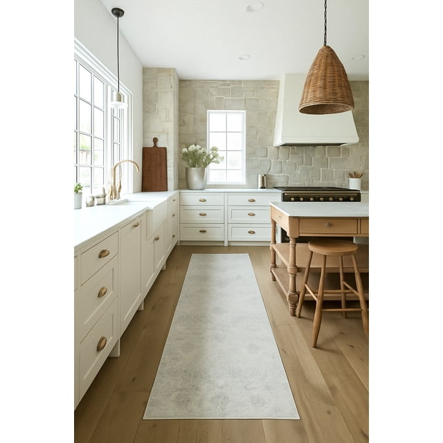 Rug Branch Liora 2' x 10' (2'3" x 10') Grey/Beige Damask Indoor Runner Rug, Traditional, Medium Pile, Stain-Resistant Hallway Carpet - Entryway, Mudroom, Bedroom, and Kitchen