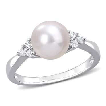 Miabella Cultured Freshwater Pearl and 1/4 Carat T.G.W. White Topaz Sterling Silver Ring