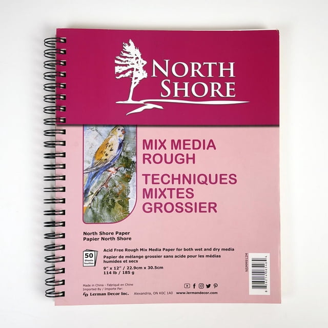 North Shore paper 9"X12" spiral-bound sketch pad with acid-free rough mix media paper suitable for wet and dry media, containing 50 sheets of 114 lb paper with a sturdy cardboard back, featuring a pink cover with a bird illustration and the North Shore logo.