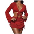 thumbnail image 1 of FRSASU Women's 4 Piece Swimsuit Fishnet Triangle Halter String Bikini Set with Cover up Top Skirt Split Swimsuit Set Red L(L), 1 of 3