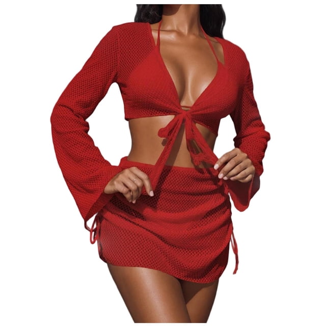 FRSASU Women's 4 Piece Swimsuit Fishnet Triangle Halter String Bikini Set with Cover up Top Skirt Split Swimsuit Set Red L(L)