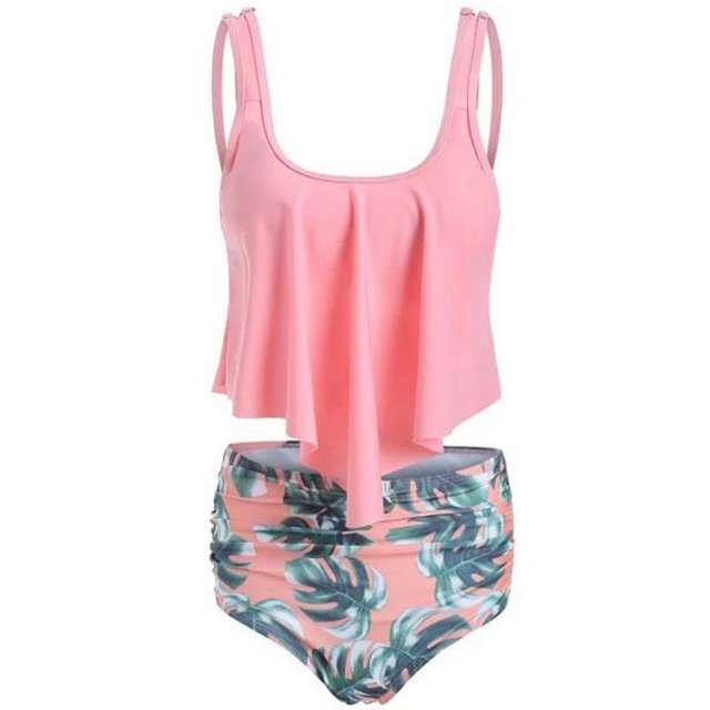 Women 2Pcs Padded Ruffle Strappy Crop Tops High Waist Bikini Set Swimsuit Swimwear Summer