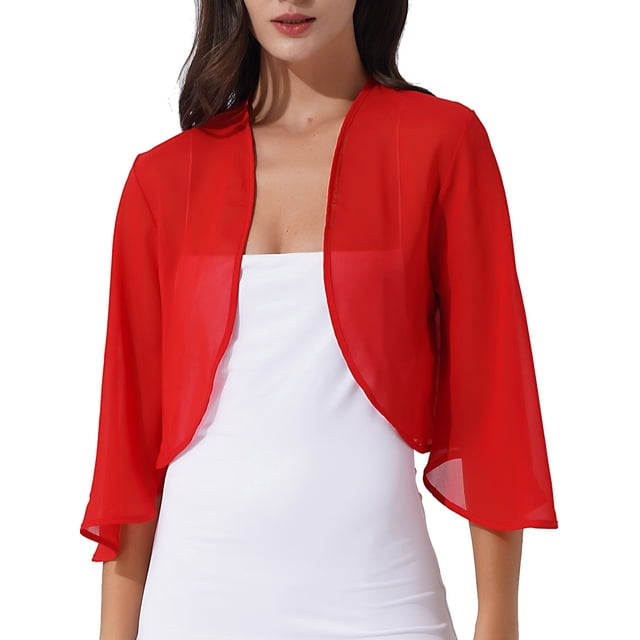 TTAO Boléro Châle en Mousseline Douce Transparente à Manches 3/4 pour Femmes, Veste Cardigan Ouverte à l'Avant pour Robe de Soirée de Mariage, Rouge TTG