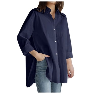 ManxiVoo Women's Plus Size Casual Blouse Loose Fit Long Sleeve Shirt With Pocket Button Down Top For Everyday Comfort And Versatile Wear XXXL Size Navy