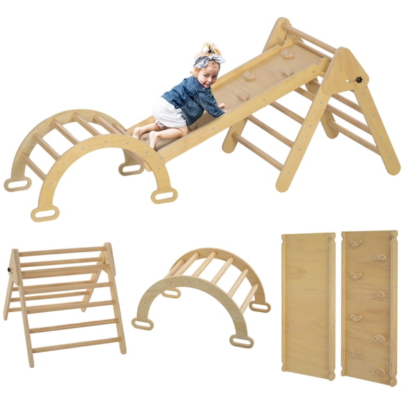 Qaba Ensemble Triangle Pikler 5 en 1 avec Échelle, Rampe, Arche, Bois Naturel
