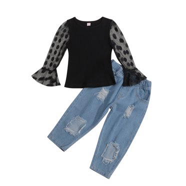 Xingqing Fashion Kids Girls Clothes 2pcs Polka Dot Long Puff Sleeve Tops Hole Denim Pants Sets