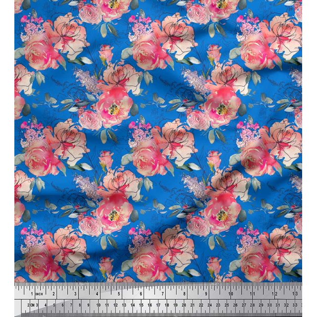Soimoi Tissu en Rayonne Bleu Ranunculus & Roses Imprimé Floral Tissu d'Artisanat au Mètre 42 Pouces de Large