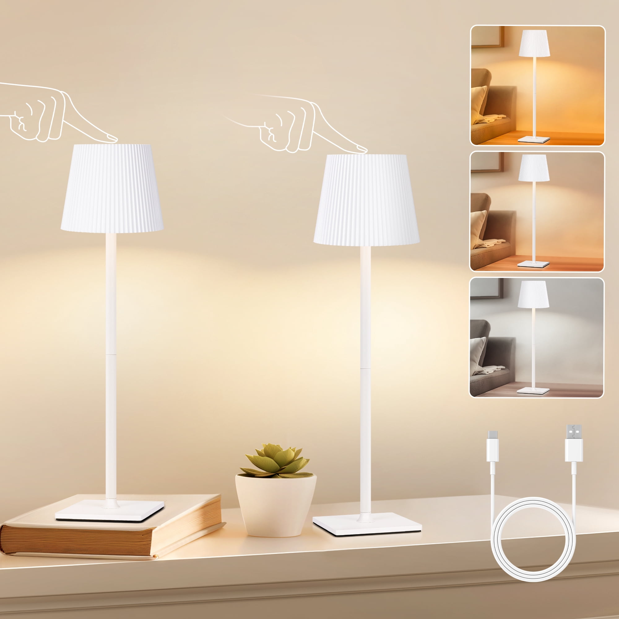 OUTON 2 Pack Cordless Table Lamps, 3 Colors Stepless Dimming, Rechargeable LED Desk Lamp with Touch Controls for Restaurant/Bedroom/Bars/Outdoor (White)