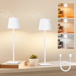 OUTON 2 Pack Cordless Table Lamps, 3 Colors Stepless Dimming, Rechargeable LED Desk Lamp with Touch Controls for Restaurant/Bedroom/Bars/Outdoor (White)