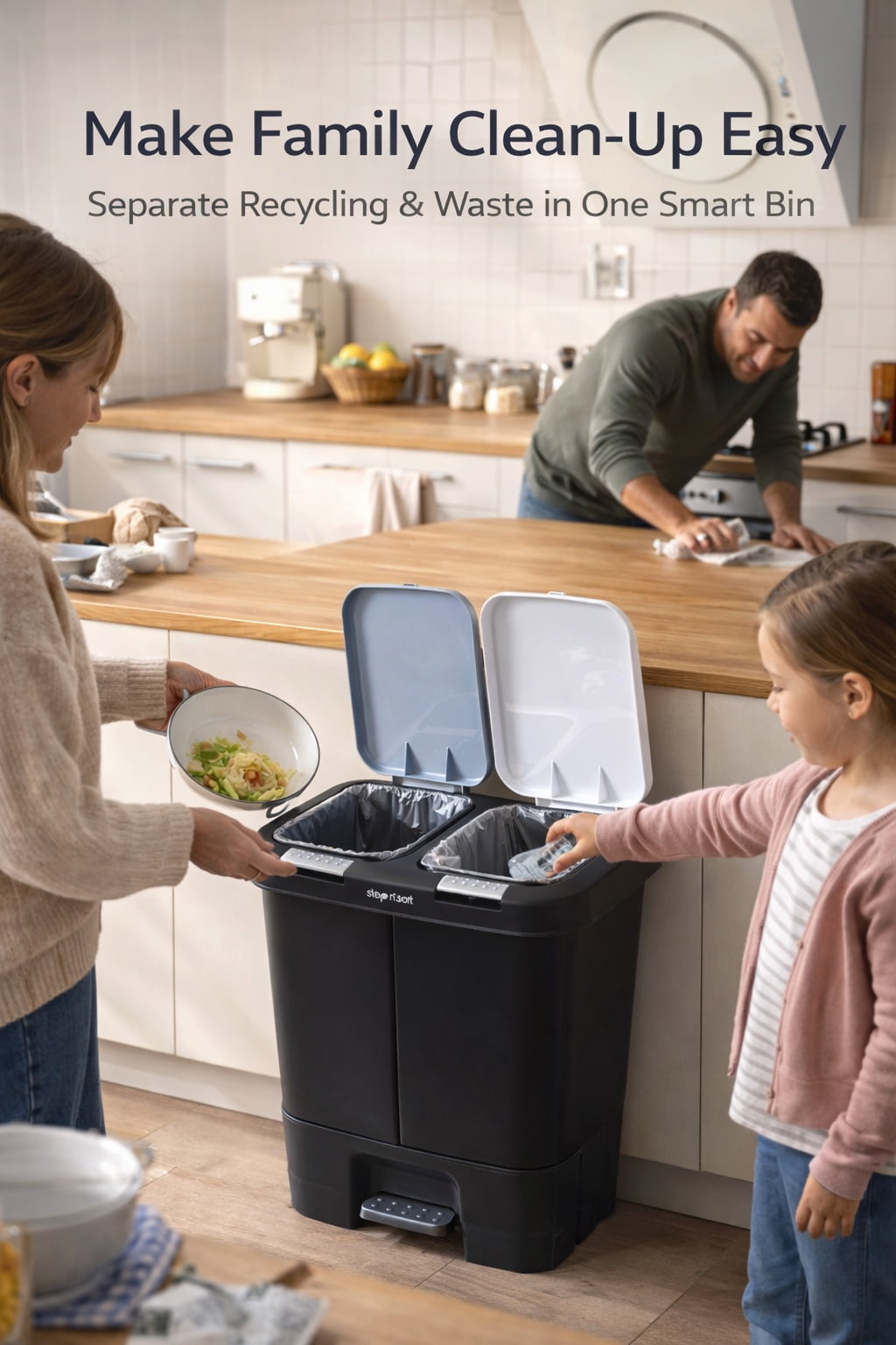 Step N’ Sort 40L Dual Trash & Recycling Bin – 2 x 20L Kitchen Garbage Can, Hands-Free Step Pedal, Dual Lid Opening, Soft-Close Lid, Removable Inner Bins, Black