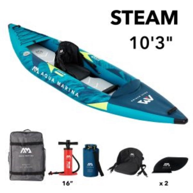 Aqua Marina 2022 STEAM-312 Polyvalent/whitewater Kayak pour 1 Personne en Bleu et Sarcelle avec accents Jaunes, Doté d'Une Coque Gonflable Profilée, d'Un Siège Ajustable Noir et d'Un Plancher Blanc à Point Bas Haute Densité. Comprend un Sac à Dos Gris à Glissière, une Pompe Manuelle Rouge de 16 Pouces, un Sac Étanche Bleu de 10 L, un Siège Kayak Noir et Deux Ailettes Amovibles.