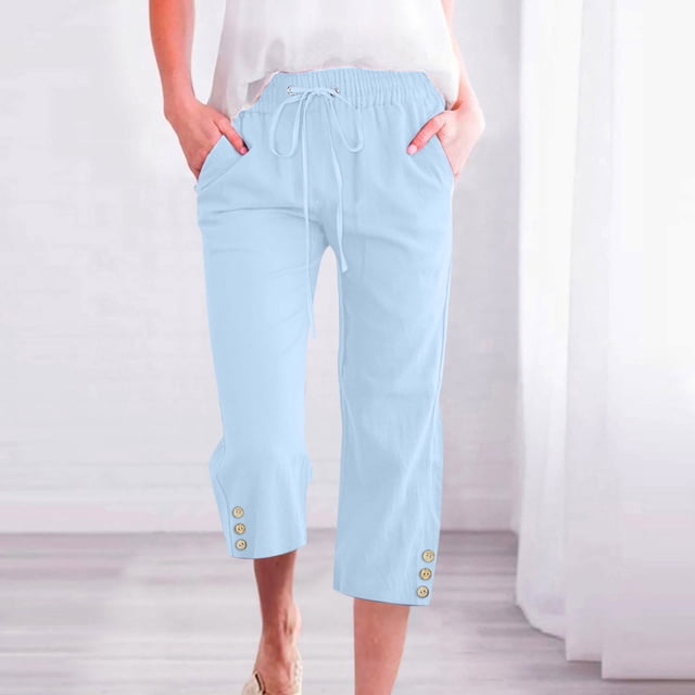 Jsaierl Women Linen Pants Drawstring High Waist Wide Leg Pants Plus Size Lightweight Solid Color Capris Vacation Comforts Summer Capri Pants