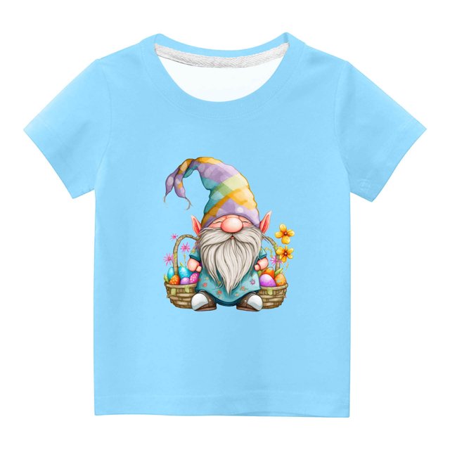 Penkiiy T-Shirts de Pâques pour Enfants Garçons Filles Mode Mignon Nain de Pâques Imprimé Col Rond Manches Courtes 9 Ans Bleu