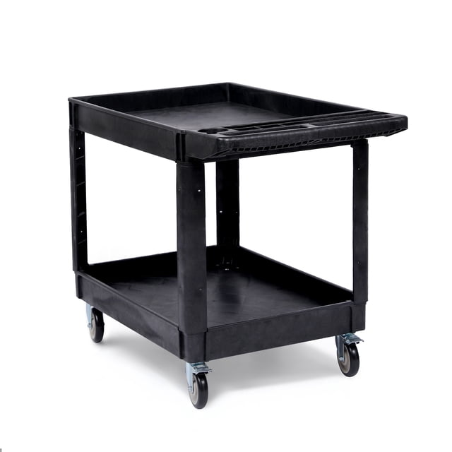 Chariot Utilitaire Robuste – Organisateur Roulant à 2 Niveaux – Capacité de 550 Lb – Grandes Tablettes en PP – Roulettes Pivotantes à 360° – Poignée de Rangement Surdimensionnée – Chariot de Service pour Entrepôt, Garage, Nettoyage – Noir, Petit