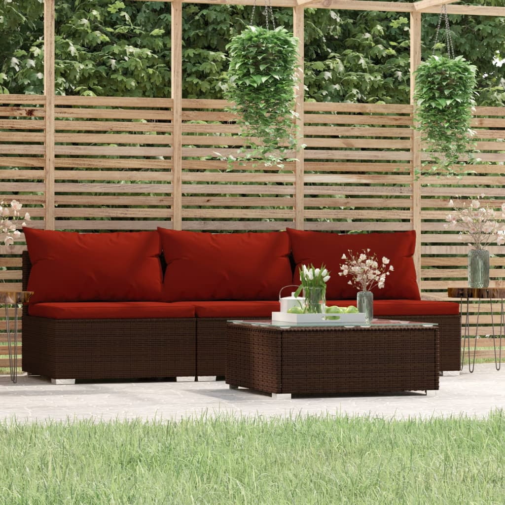 vidaXL 4 Piece Garden Lounge Set with Cushions Brown Poly Rattan