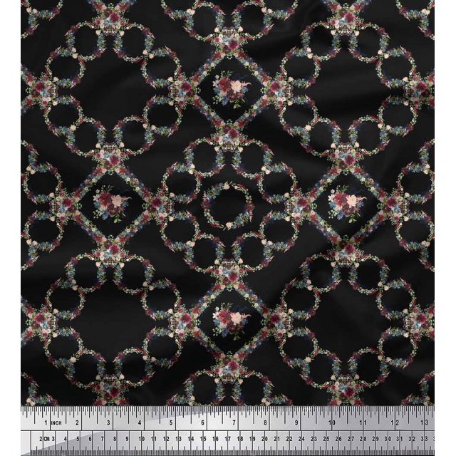 Soimoi Black polyester Crepe Fabric Floral Wreath Geometric Print Fabric by Yard 52 Inch Wide