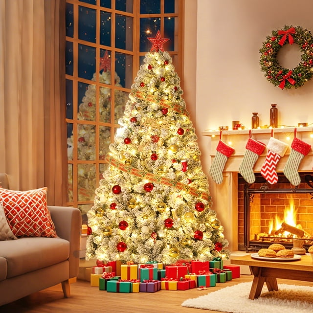 Kojooin 4.5/6/7.5/9 FT Pre-Lit Flocked Artificial Christmas Tree with Warm White Lights, Pure PVC Material, Hinged Branches for Easy Setup, Full Shape Holiday Decor for Home, Office