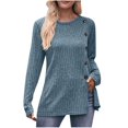 thumbnail image 1 of Pisexur Womens Casual Asymmetrical Sweater Solid Color Long Sleeve Ribbed Knit Sweater Crew Neck Button Front Pullover, 1 of 3