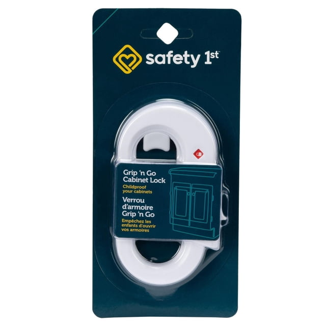 Safety 1st Grip 'N Go Cabinet Lock in white plastic on navy blue retail card with yellow logo, a C-shaped child safety lock that fits around cabinet knobs or handles to prevent access, ideal for baby proofing cabinets and ensuring child safety.
