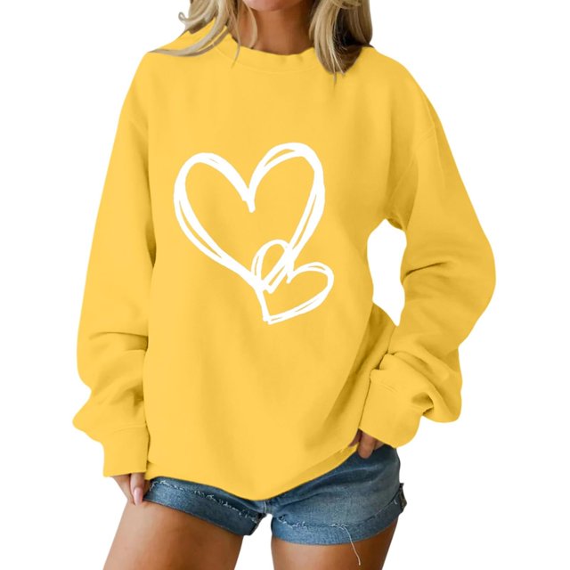 SOMOWI Chandails de la Saint-Valentin pour Femmes Sans Capuche Col Rond Manches Longues Décontracté Chandail Doux Tricot Jaune Hauts d'Automne TG