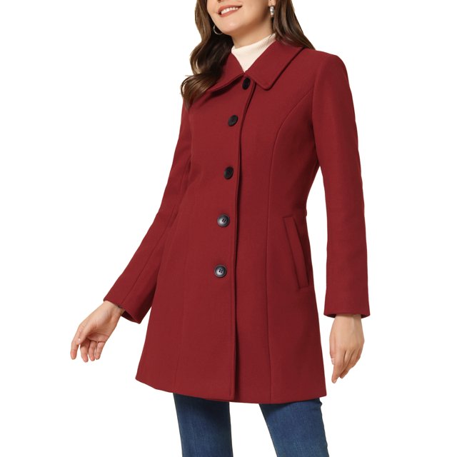 INSPIRE CHIC Manteau d'Hiver Long Chaud à Simple Boutonnage pour Femme Rouge Foncé TG
