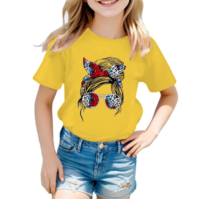 LUOGENLI T-Shirt pour Filles Enfant Filles Mignon Imprimé Graphique Col Rond Manche Courte Tee Été Décontracté T-Shirt Maxi Hauts Ensemble Été Jaune 3-4 Ans