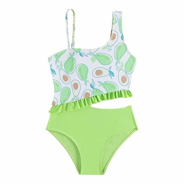 Sunnyoo Big Girls One Piece Swimsuit Avocado Prints Ruffled Beach Bathing Suit Swimwear