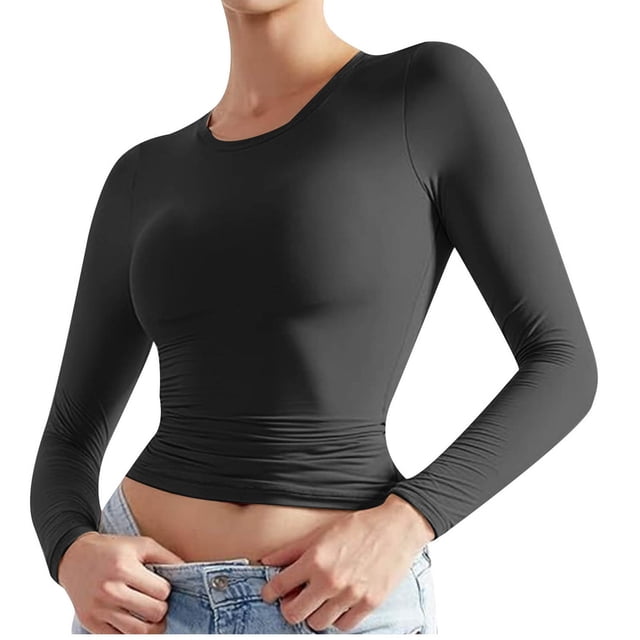 Timegard Hauts pour Femmes Col Rond Manches Longues T-Shirt Basique Uni Automne Décontracté Ajusté Hauts sous-Vêtements