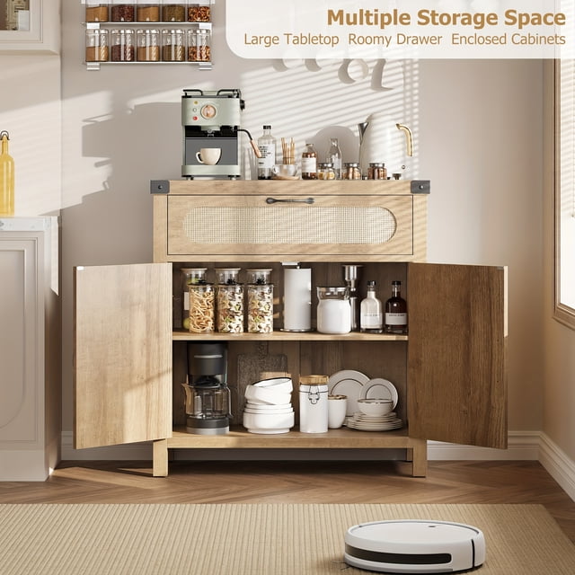 Kojooin 29.9 in Small Rattan Buffet Cabinet with Storage, Coffee Bar Sideboard with Drawer and Adjustable Shelves