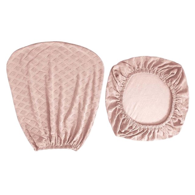 Rotating Chair Protector Office Chair Cover Stretchable Anti Dust Computer Chair in pink. Made of soft polyester with a textured diamond pattern, this set includes a back cover and a cushion cover. Designed to fit most office and computer chairs with dimensions of 38-52cm for the sitting surface and 36-50cm for the backrest. Features elastic edges for easy installation and a secure fit. Protects chairs from dust, spills, and scratches, and is machine washable for convenience.