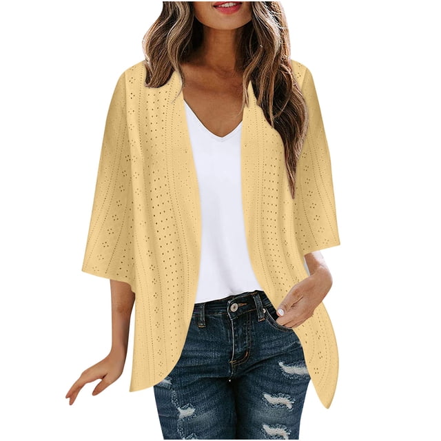 yoeyez Light Cardigans for Women Summer Womens Plus Size Solid Color Kimono Cardigan Puff Sleeve Tops Oversize Loose Cover Ups Cardigans Yellow,S