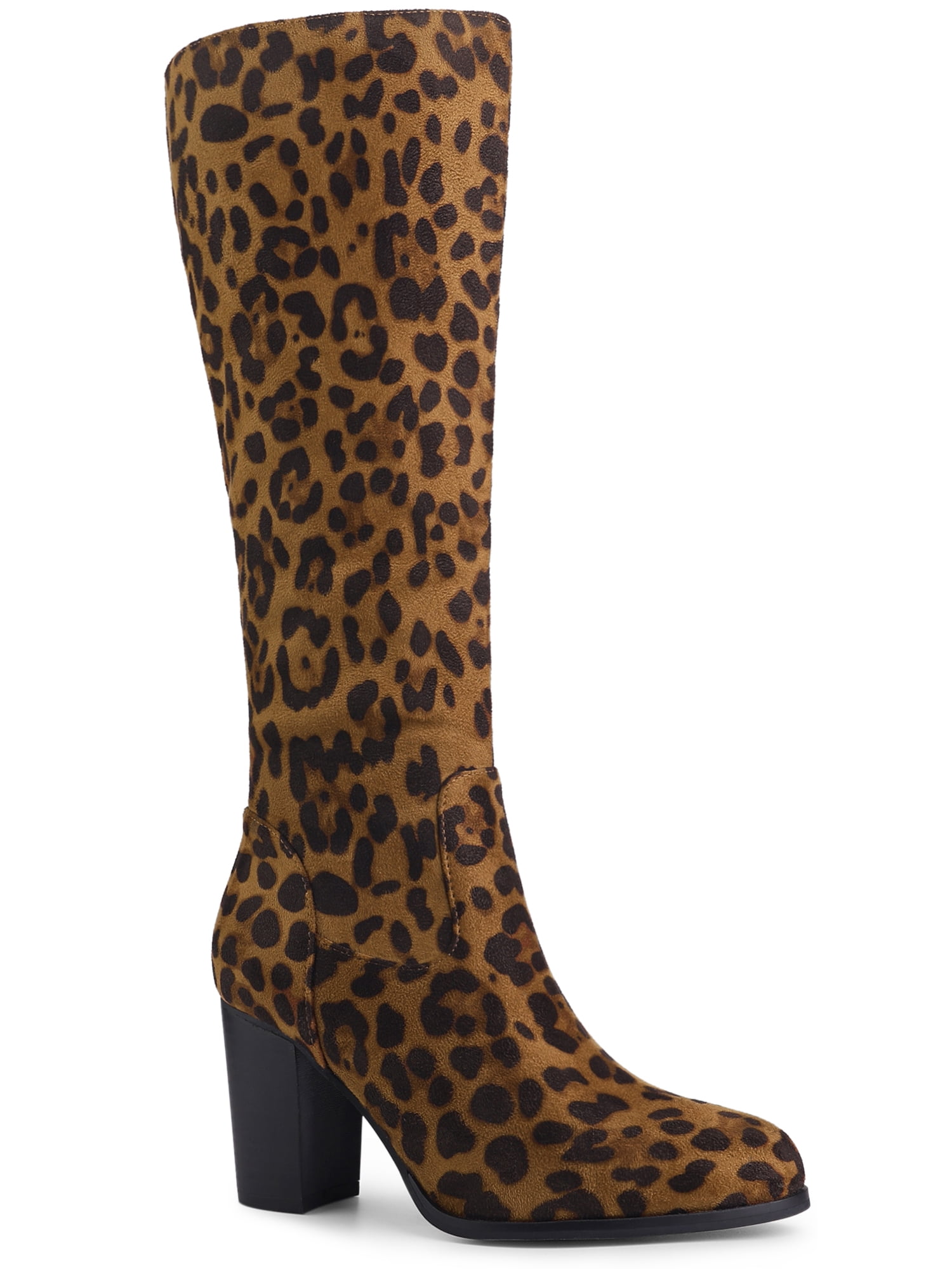 Unique Bargains Women's Round Toe Block Heeled Knee High Boots Leopard US 6