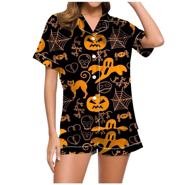 Kcodviy Ensemble Décontracté d'Halloween en Satin Imprimé pour Femmes Pyjama et Short Ensemble Pyjama pour Femmes Ensemble de Pyjama Confortable Pyjama à Imprimé Animal pour Femmes Leggings de Pyjama