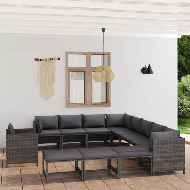 vidaXL 12 Piece Garden Lounge Set with Cushions Poly Rattan Grey
