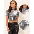 thumbnail image 2 of INSPIRE CHIC Hauts Courts Métalliques à Manches Courtes Col Montant pour Femmes Gris Argenté TP, 2 of 4