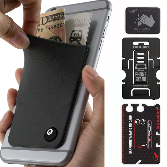 Gecko Travel Tech Phone Wallet - Stick On Card Holder Wallet for Cell Phones - Adhesive Card Pocket - 8BALL