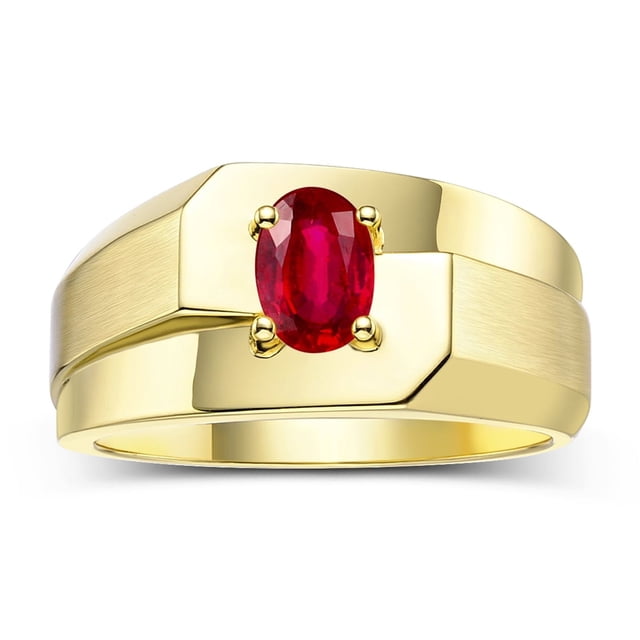 RYLOS Men's Rings 14K Yellow Gold Ring Classic Solitaire 7X5MM Oval Shape Gemstone Designer Band Ruby July Birthstone Rings For Men Size 11