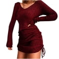 thumbnail image 2 of CEHVOM Women Pullover Long Sleeve Autumn Solid Casual V Neck Sweatshirt Drawstring Dress, 2 of 5