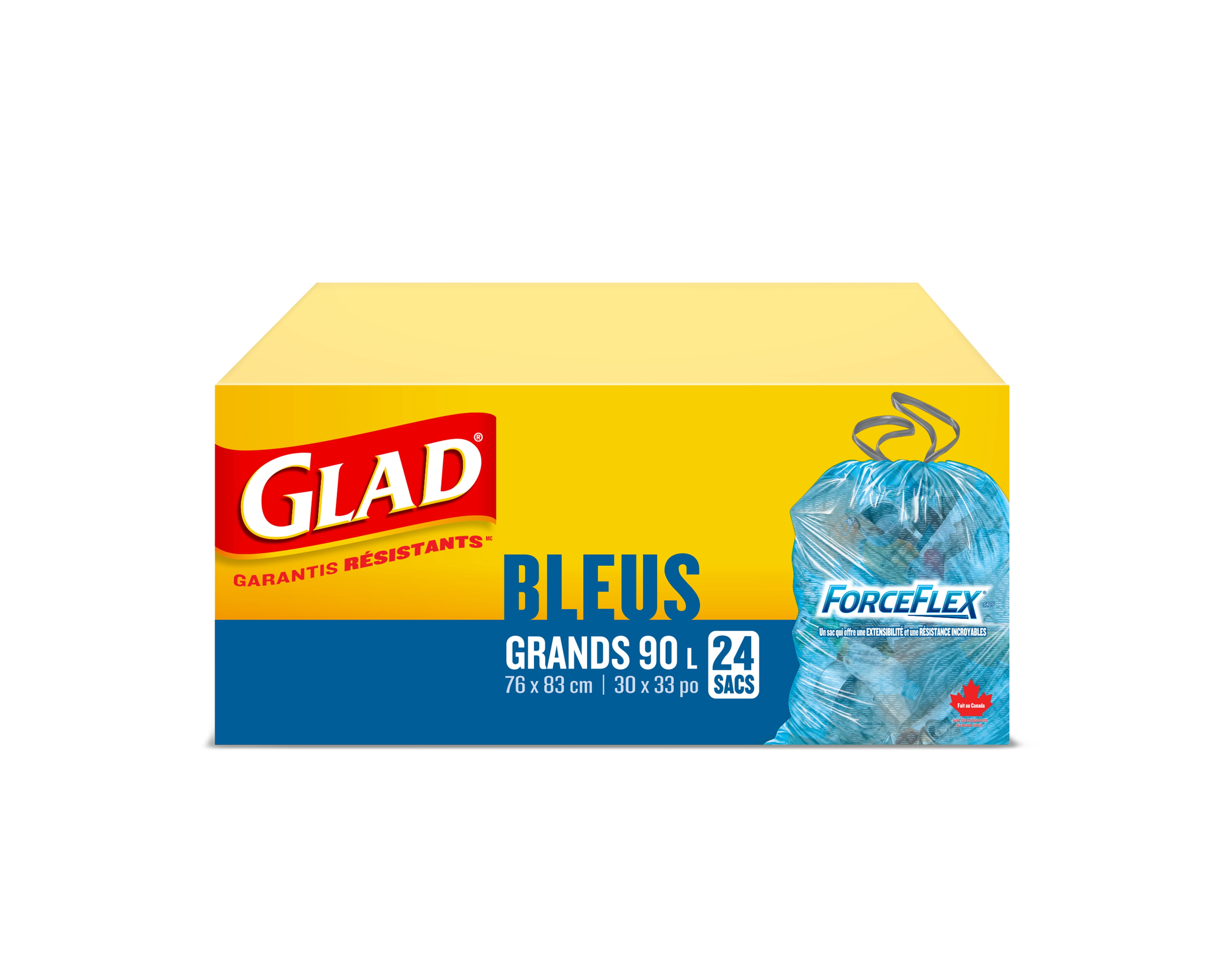 Sacs bleus pour la récupération de Glad, boîte de 24 grands sacs ForceFlex de 90 L à cordon coulissant