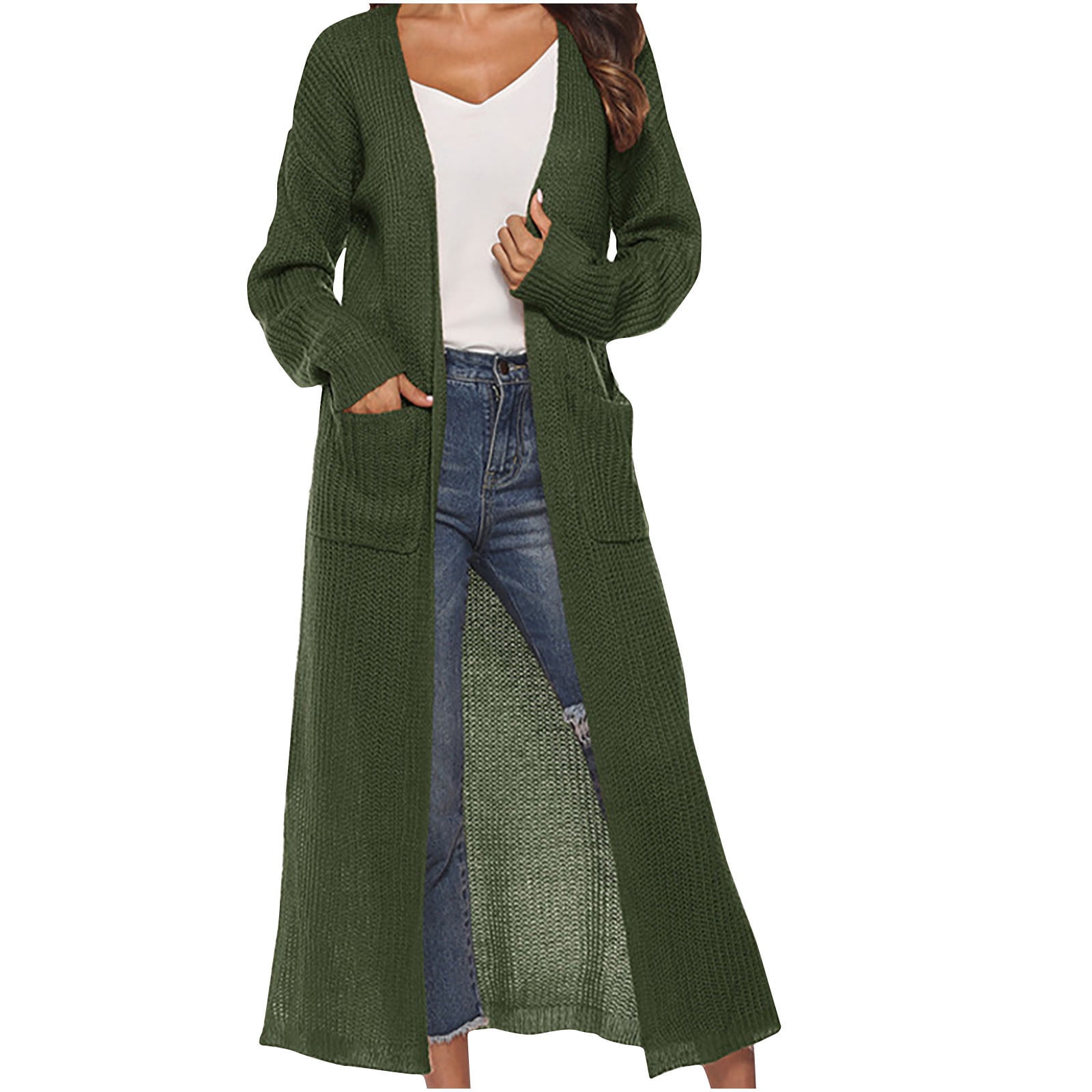 Women's Solid Color Cardigan Sweater with Slit Large Pockets Long Thin Coat