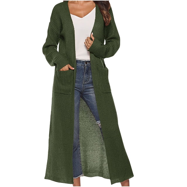 Yuyuzo Womens Maxi Cardigans Long Sleeve Open Front Ribble Knit Solid Color Sweater Outwear Coat Cardigan in a dark green shade. The cardigan features a ribbed knit texture, long sleeves, and an open front design with two front pockets. Styled with a white top and blue jeans, it offers a casual yet stylish look. Size XX-Large with a bust measurement of 110cm, sleeve length of 54cm, and overall length of 122cm.