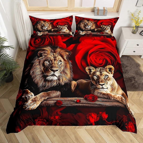 Lion Bedding Set Queen Size Kids Red Floral Rose Comforter Cover Set for Teens